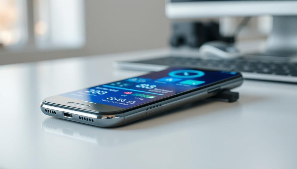 A sleek, modern smartphone rests on a minimalist desk, its screen illuminated with vibrant performance metrics and battery life indicators. The device is captured in a crisp, high-resolution photograph, with a soft, diffused lighting that accentuates its elegant design. The background is a subtly blurred office environment, hinting at the smartphone's versatility and integration with the user's daily routine. The image conveys a sense of power, efficiency, and the seamless harmony between technology and productivity.