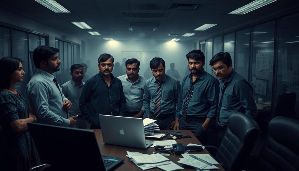 A bustling Indian office scene, dimly lit with a gloomy, desaturated palette. In the foreground, a group of businesspeople stand around a laptop, expressions of concern etched on their faces as they grapple with the news of Skype's impending shutdown. The middle ground reveals a cluttered desk, with discarded papers and an unused office phone - symbols of the disruption caused by this unexpected development. In the background, the office is shrouded in a haze, conveying a sense of uncertainty and the far-reaching impact this has on the Indian business community. The lighting is low-key, casting dramatic shadows and adding to the somber atmosphere. An elegant, wide-angle lens captures the scene, emphasizing the weight of the moment.