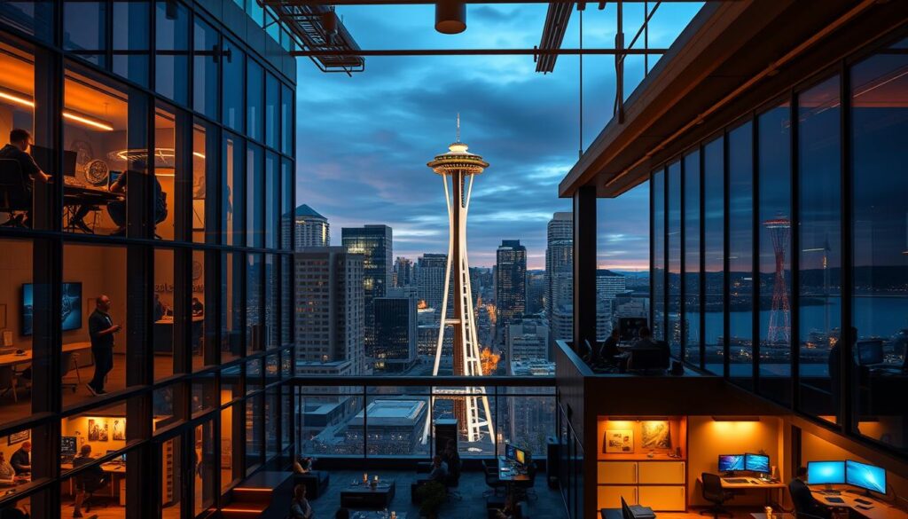 A bustling Seattle cityscape with the iconic Space Needle towering in the background. In the foreground, a modern game development studio, its windows illuminated, showcasing the hard work and creativity of its talented team. The studio's lobby features a sleek, minimalist design, with a mix of cozy lounge areas and high-tech workstations. Overhead, a subtle lighting system casts a warm, productive glow, complementing the vibrant energy of the space. In the distance, a view of the serene Puget Sound serves as a calming backdrop, hinting at the balance between work and the natural wonders of the Pacific Northwest. The overall scene conveys a sense of innovation, collaboration, and the pioneering spirit that defines Seattle's thriving game development community.