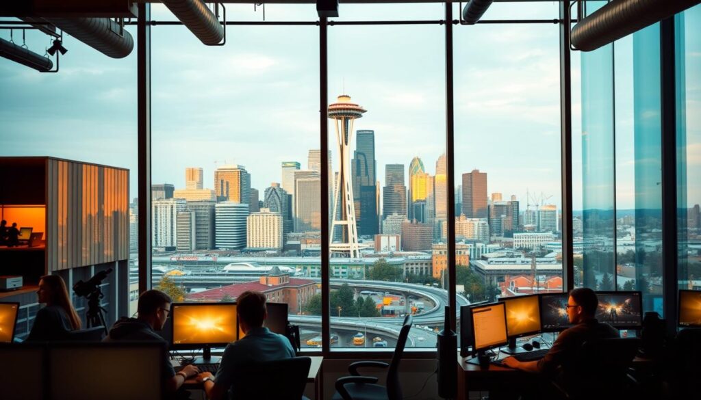 A bustling city skyline with the iconic Space Needle towering in the background, reflecting the vibrant spirit of Seattle's thriving game development scene. In the foreground, a group of passionate game developers collaborating in a modern, open-concept office, their computer screens illuminating the room with a warm, focused glow. The middle ground features a network of public transit and pedestrian walkways, connecting the city's tech hubs and fostering a sense of community. Ambient lighting from the large windows casts a natural, ambient light, capturing the Pacific Northwest's distinct atmosphere. The overall composition conveys the dynamic, innovative, and collaborative nature of Seattle's gaming ecosystem. A bustling city skyline with the iconic Space Needle towering in the background, reflecting the vibrant spirit of Seattle's thriving game development scene. In the foreground, a group of passionate game developers collaborating in a modern, open-concept office, their computer screens illuminating the room with a warm, focused glow. The middle ground features a network of public transit and pedestrian walkways, connecting the city's tech hubs and fostering a sense of community. Ambient lighting from the large windows casts a natural, ambient light, capturing the Pacific Northwest's distinct atmosphere. The overall composition conveys the dynamic, innovative, and collaborative nature of Seattle's gaming ecosystem.