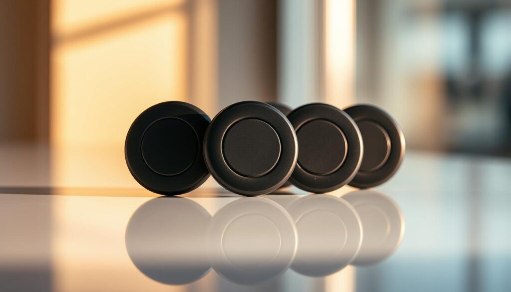 A highly detailed close-up photograph of a set of sleek, black AirTag-like devices designed for Android compatibility. The devices are arranged neatly on a clean, reflective surface, bathed in warm, directional lighting that casts subtle shadows and highlights their minimalist, circular forms. The background is blurred and softly out of focus, drawing the viewer's attention solely to the Android-compatible tracking devices. The image conveys a sense of modern, high-tech functionality and compatibility with the Android ecosystem.