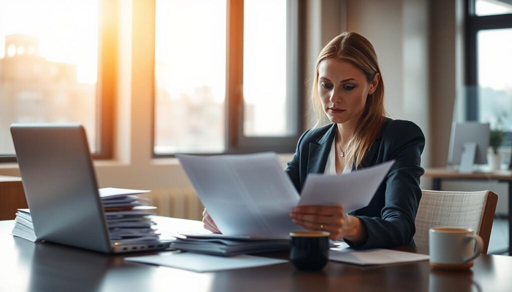 A tranquil office scene with a professional-looking woman sitting at a desk, intently reviewing documents and filling out a claim form. Warm, natural lighting filters in through large windows, casting a soft glow on the scene. The woman's expression is focused, slightly furrowed brow, indicating the seriousness of the task at hand. On the desk, neatly organized stacks of papers, a laptop, and a cup of coffee suggest a methodical, diligent approach to the Apple lawsuit claim process. The background is slightly blurred, creating a sense of depth and drawing the viewer's attention to the central figure. The overall atmosphere conveys a sense of order, efficiency, and the importance of the legal procedure being depicted.