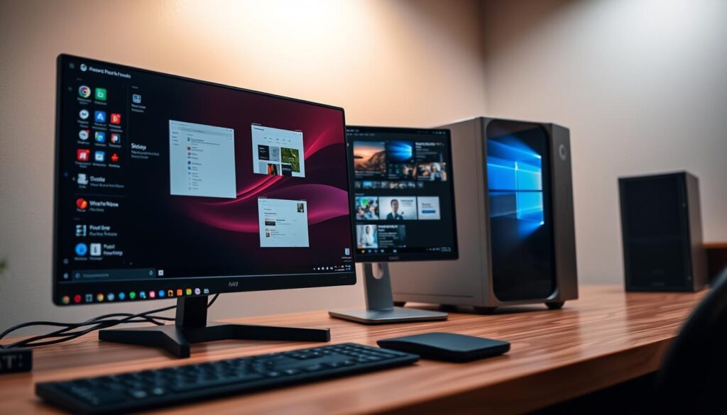 An android 16 desktop computer setup, with a sleek and modern aesthetic. The foreground features a high-resolution display showcasing various productivity apps and windows, reflecting the "Desktop Windowing" theme. The middle ground depicts a minimalist, brushed metal chassis with clean lines and a subtle android 16 logo. The background has a softly-lit, neutral color palette, creating a professional and focused atmosphere. Warm lighting from the display illuminates the scene, while a shallow depth of field keeps the focus on the central components. The overall impression is one of a powerful, versatile android 16 device that seamlessly blends functionality and style.