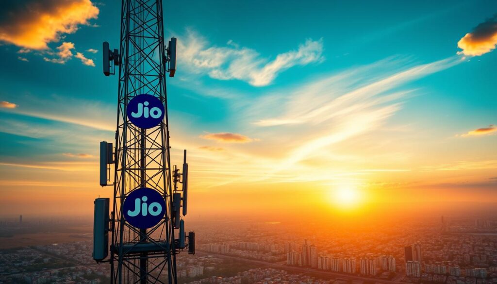 Dramatic aerial view of the Indian telecom industry, with Jio's 84-day recharge plan taking center stage. The foreground showcases a towering cellular tower, its sleek design and bold branding symbolizing Jio's disruptive impact. In the middle ground, a sprawling cityscape represents the vast urban landscape where Jio's affordable plans have revolutionized connectivity. The background features a vibrant, sunset-hued sky, conveying the sense of a new era dawning for India's telecommunications sector. Crisp, cinematic lighting highlights the dynamic interplay of the elements, creating a powerful, impactful visual that captures the transformative influence of Jio's 84-day recharge plan. Dramatic aerial view of the Indian telecom industry, with Jio's 84-day recharge plan taking center stage. The foreground showcases a towering cellular tower, its sleek design and bold branding symbolizing Jio's disruptive impact. In the middle ground, a sprawling cityscape represents the vast urban landscape where Jio's affordable plans have revolutionized connectivity. The background features a vibrant, sunset-hued sky, conveying the sense of a new era dawning for India's telecommunications sector. Crisp, cinematic lighting highlights the dynamic interplay of the elements, creating a powerful, impactful visual that captures the transformative influence of Jio's 84-day recharge plan.