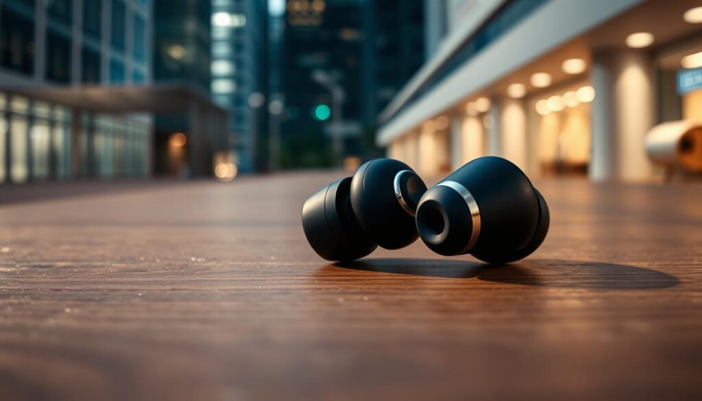 High-quality noise-cancelling earbuds in an urban setting, resting on a wooden table with a minimalist, modern aesthetic. The earbuds have a sleek, cylindrical design with a matte black finish, accented by metallic details. Bright studio lighting illuminates the earbuds, casting subtle shadows that highlight their clean lines. The background is blurred, suggesting a professional, editorial-style composition focused on the product. The overall mood is one of sophistication, technology, and attention to detail.