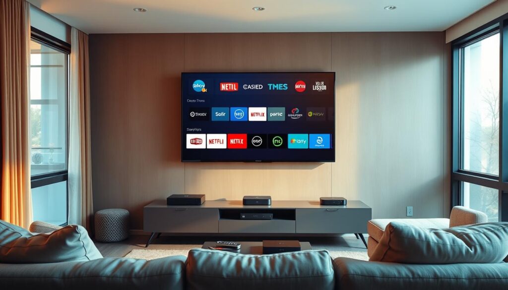 Vivid, high-quality image of a modern living room with a large flatscreen TV mounted on the wall, displaying various streaming service logos and interface elements. The room is bathed in warm, natural lighting filtering through large windows, creating a cozy, relaxed atmosphere. In the foreground, a comfortable sofa and armchair are arranged facing the TV, suggesting a casual, at-home viewing experience. The middle ground features various media devices and streaming boxes neatly organized on a sleek entertainment center. The background showcases a minimalist, contemporary interior design with clean lines and neutral tones, emphasizing the focus on the TV and streaming content.